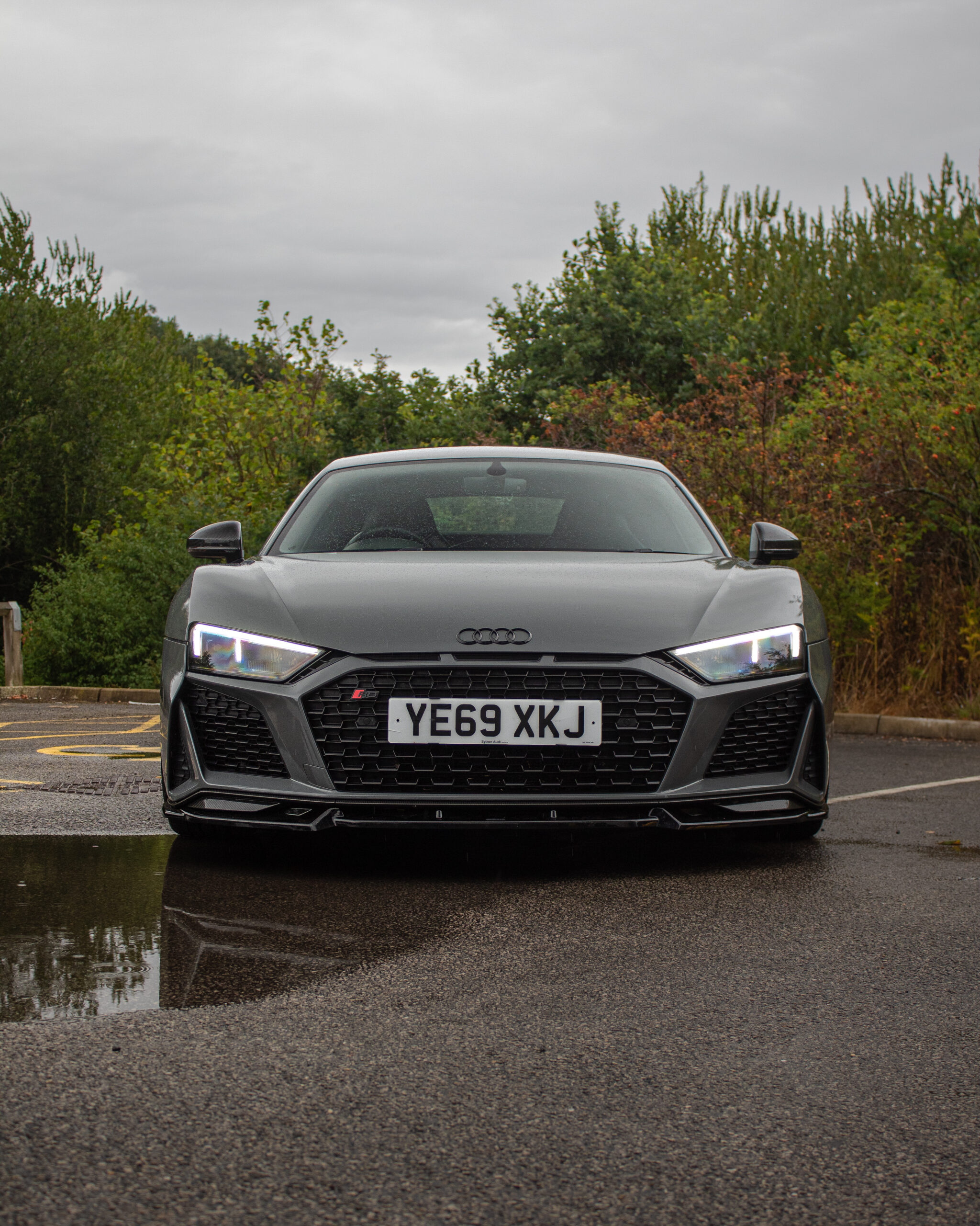 Grey Audi R8 front view outdoors