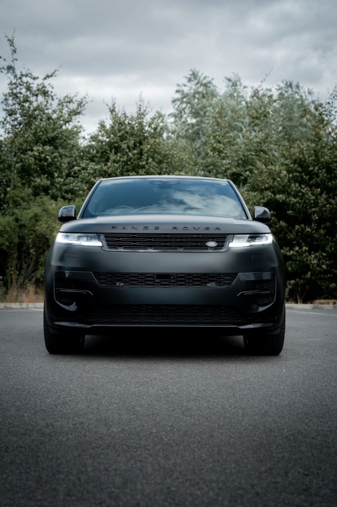 Front view of the satin black Range Rover Sport after its wrap at Wrapd Studios in Knaresborough