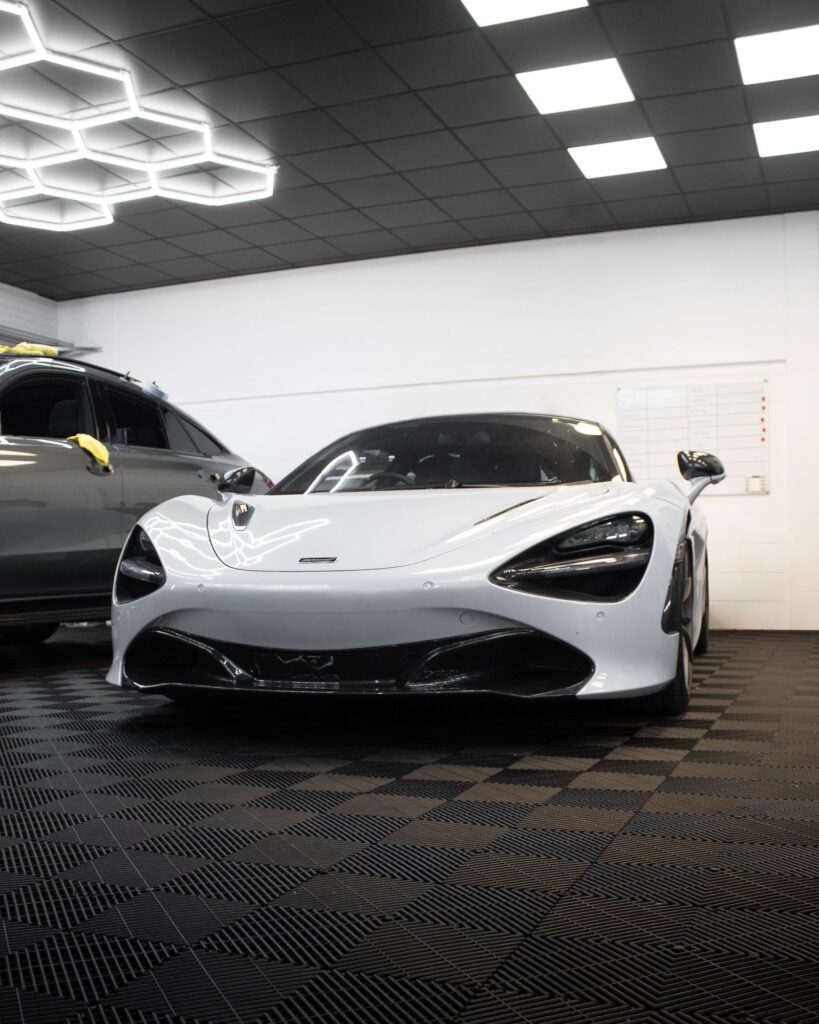 White McLaren 720S with front end PPF in the Wrapd Studios workshop in Knaresborough