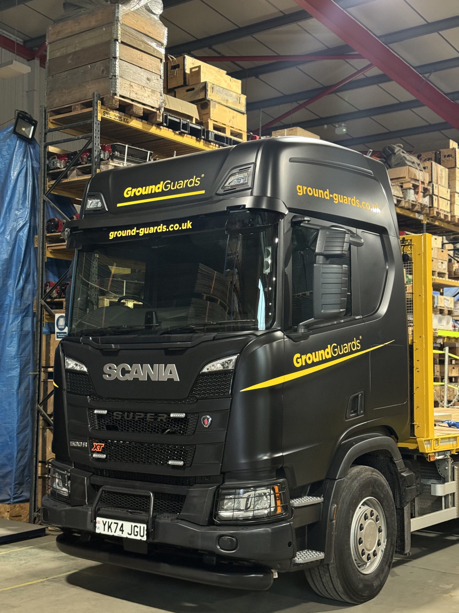 Scania lorry in yellow and black Ground Guards fleet livery by Wrapd Studios, near Harrogate
