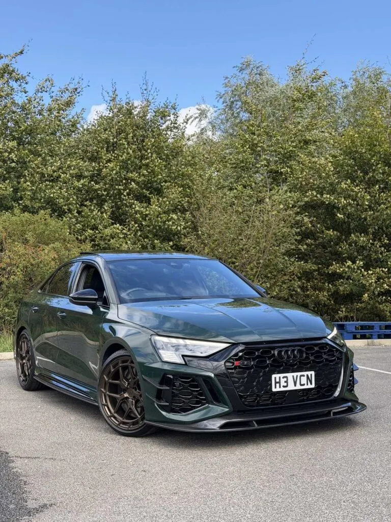 Green Audi RS3 with carbon body kit fitted at Wrapd Studios near Harrogate