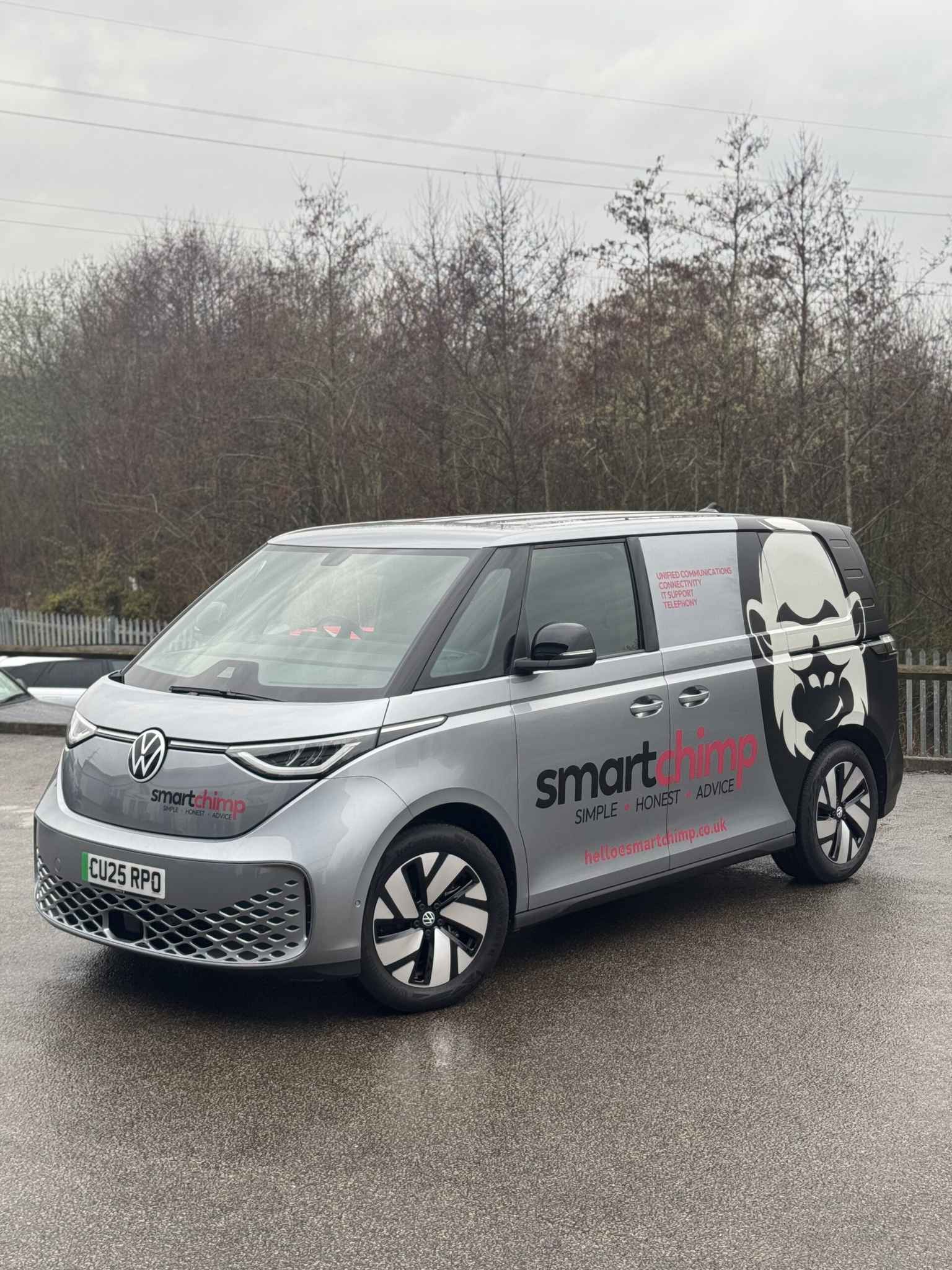 Smart Chimp VW ID. Buzz Cargo van with logo and decal branding by Wrapd Studios