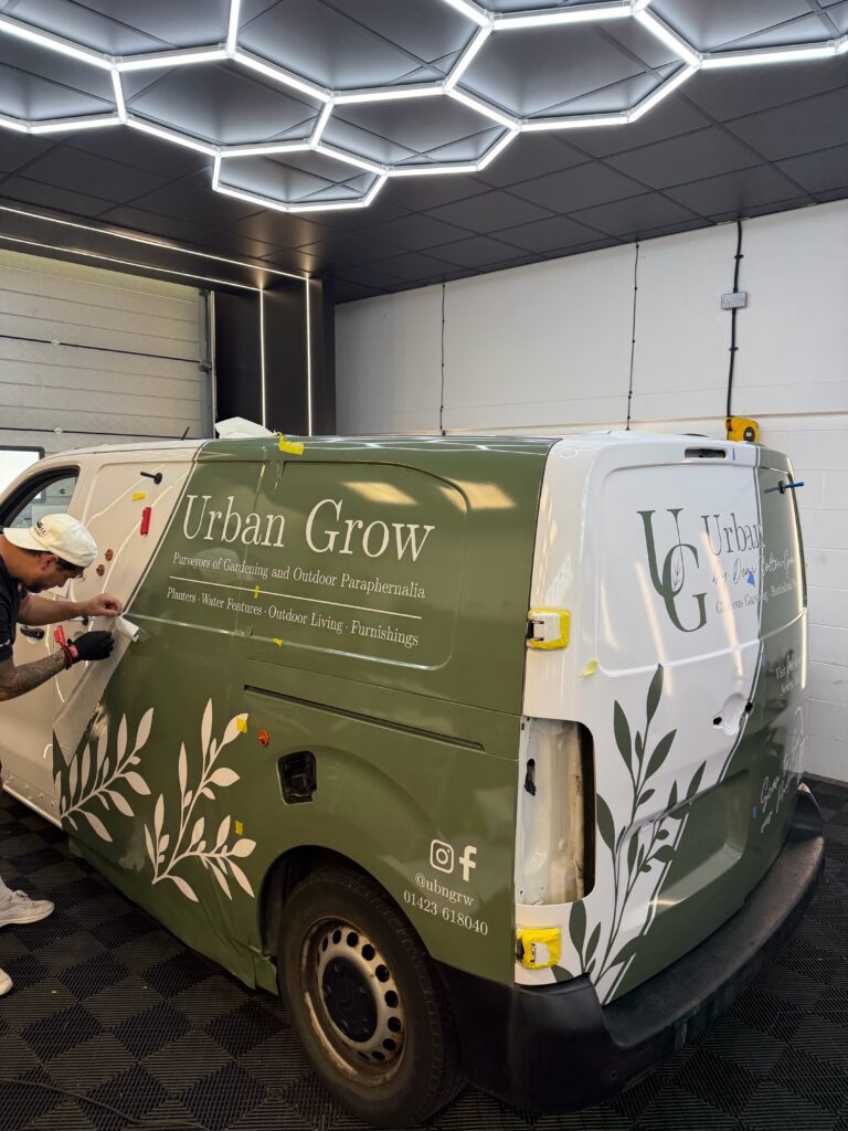 Urban Grow printed van livery being fitted at Wrapd Studios, Knaresborough