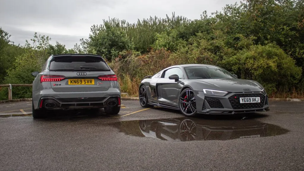 Grey Audi RS6 Avant with front end PPF next to an Audi R8, Wrapd Studios near Wetherby and Ilkley