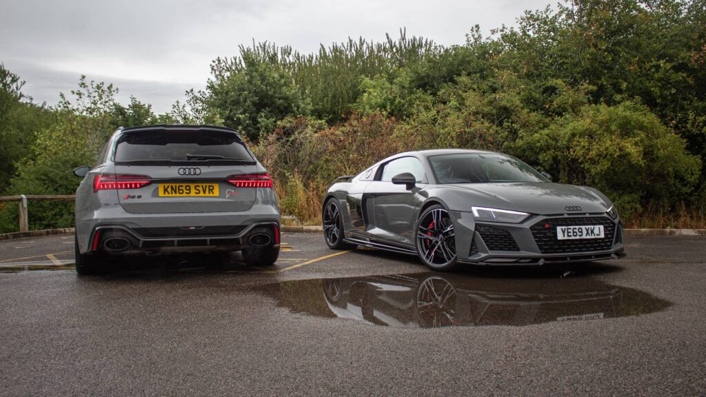Grey Audi RS6 and R8 wraps side by side, Wrapd Studios near Wetherby and Ilkley