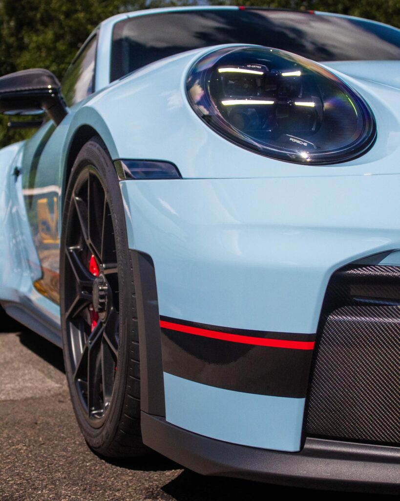 Light blue Porsche 911 GT3 wrap front detail, Wrapd Studios near Wetherby and Ilkley
