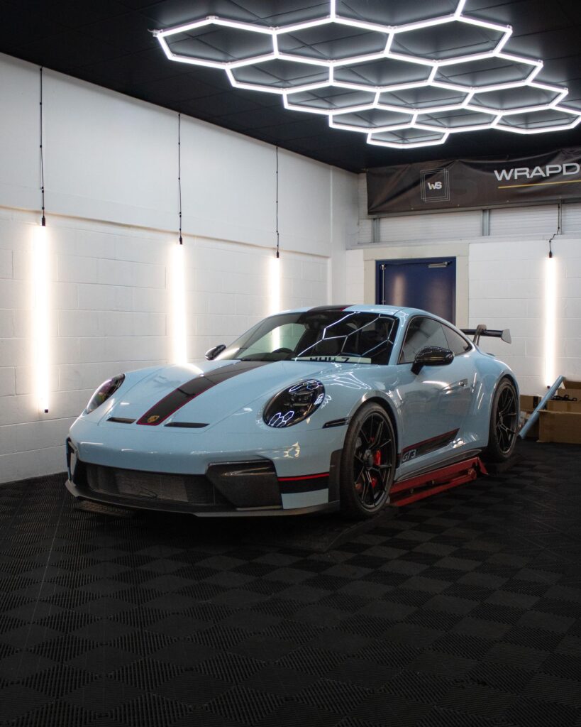 Light blue Porsche 911 GT3 wrap in the studio, Wrapd Studios near Wetherby and Ilkley