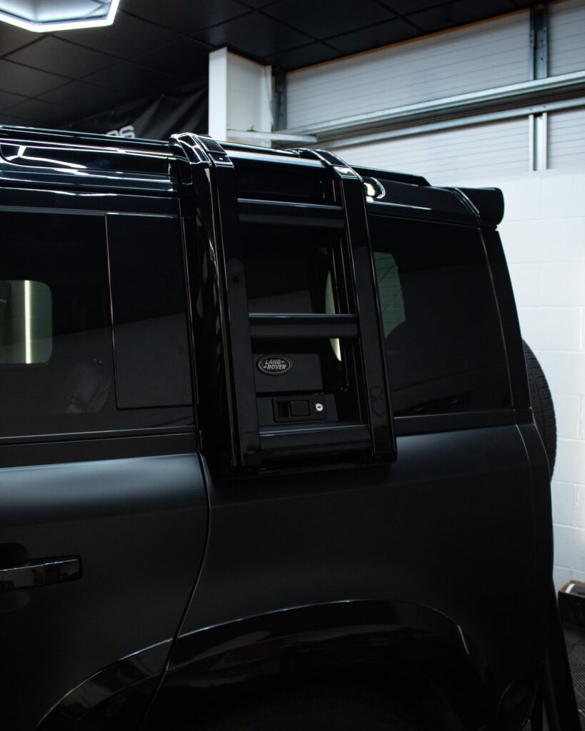 Satin black Land Rover Defender 110 wrap detail, Wrapd Studios near Wetherby and Ilkley