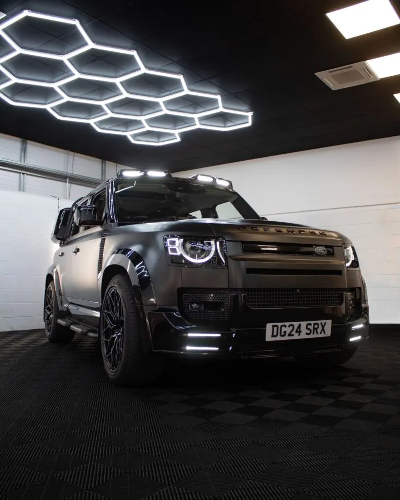 Satin black Land Rover Defender 110 wrap in the studio, Wrapd Studios near Wetherby and Ilkley