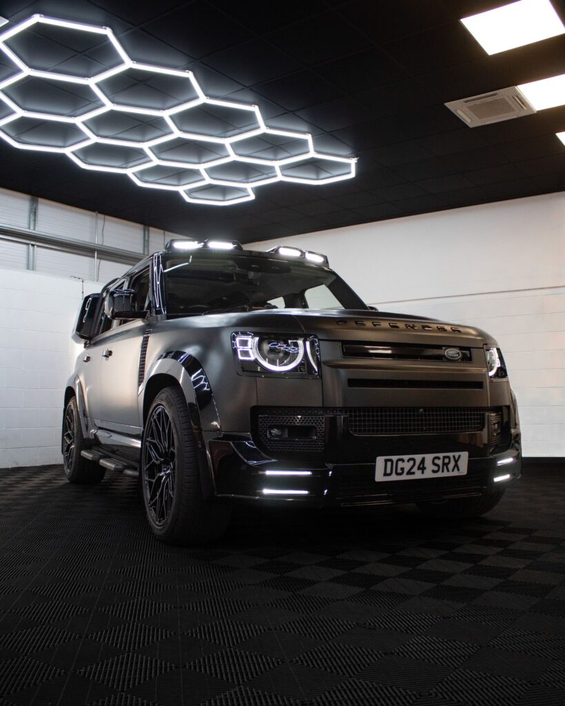 Satin black Land Rover Defender 110 wrap in the studio, Wrapd Studios near Wetherby and Ilkley
