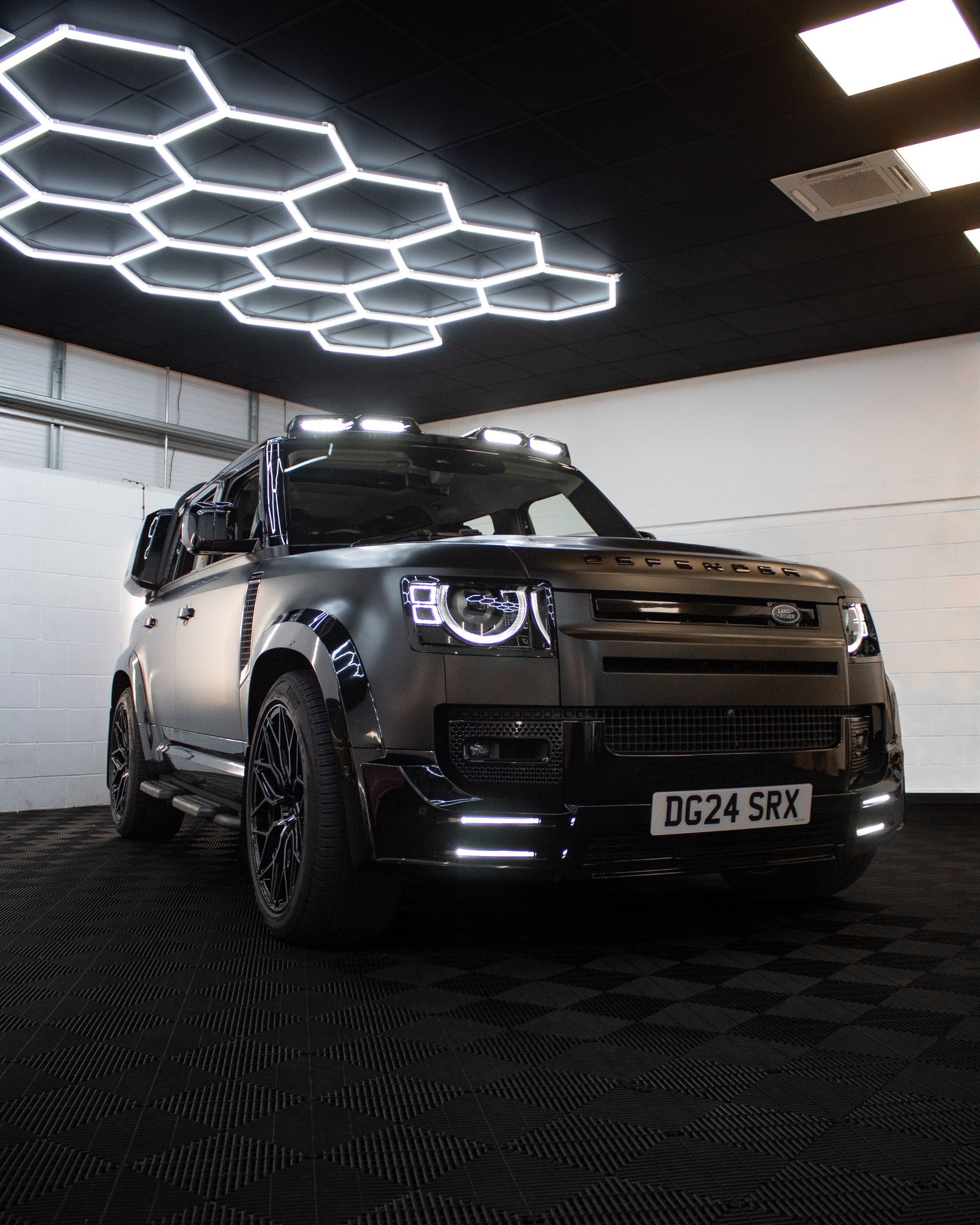 Satin black Land Rover Defender 110 wrap in the studio, Wrapd Studios near Wetherby and Ilkley