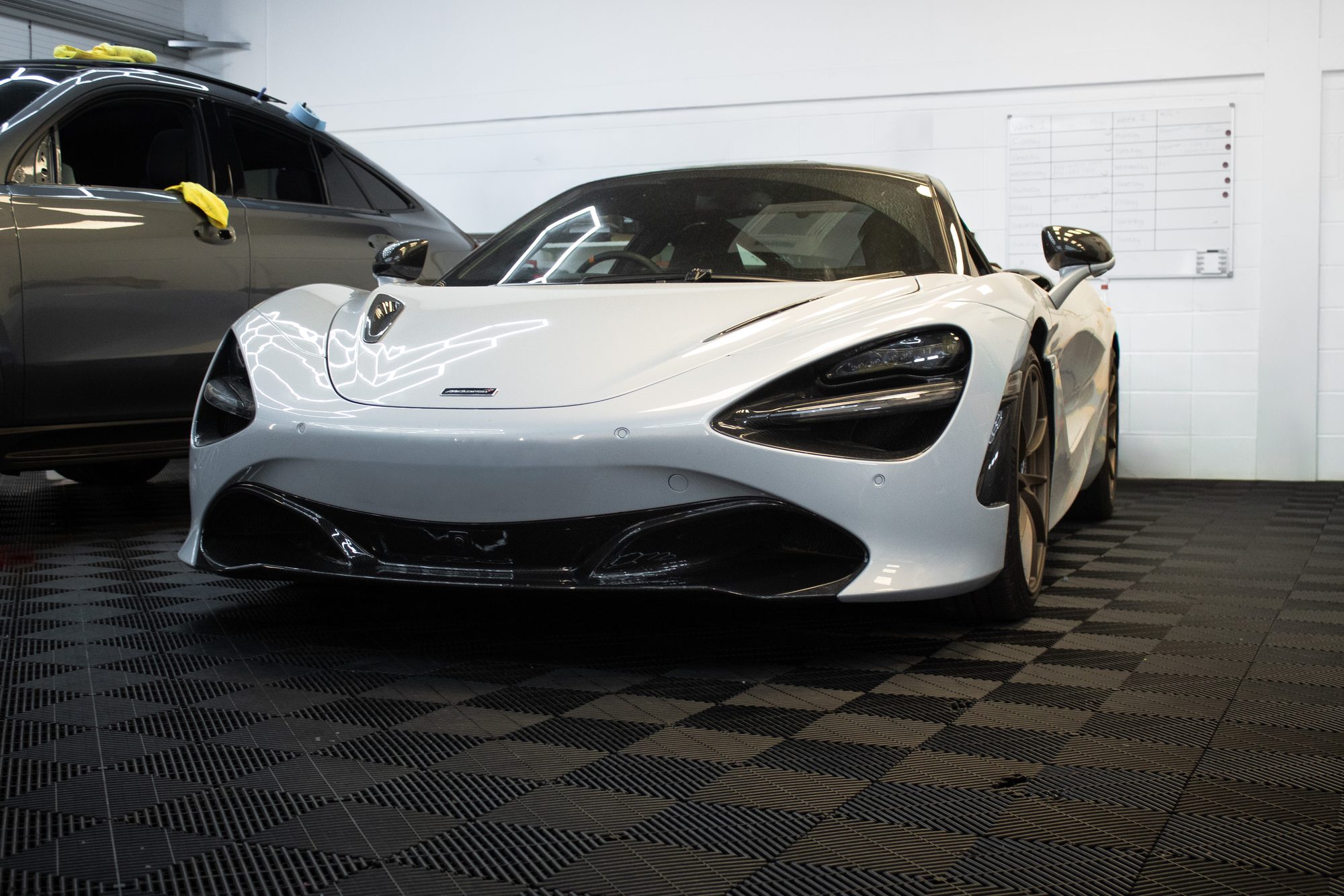 White McLaren 720S in the Wrapd Studios workshop in Knaresborough